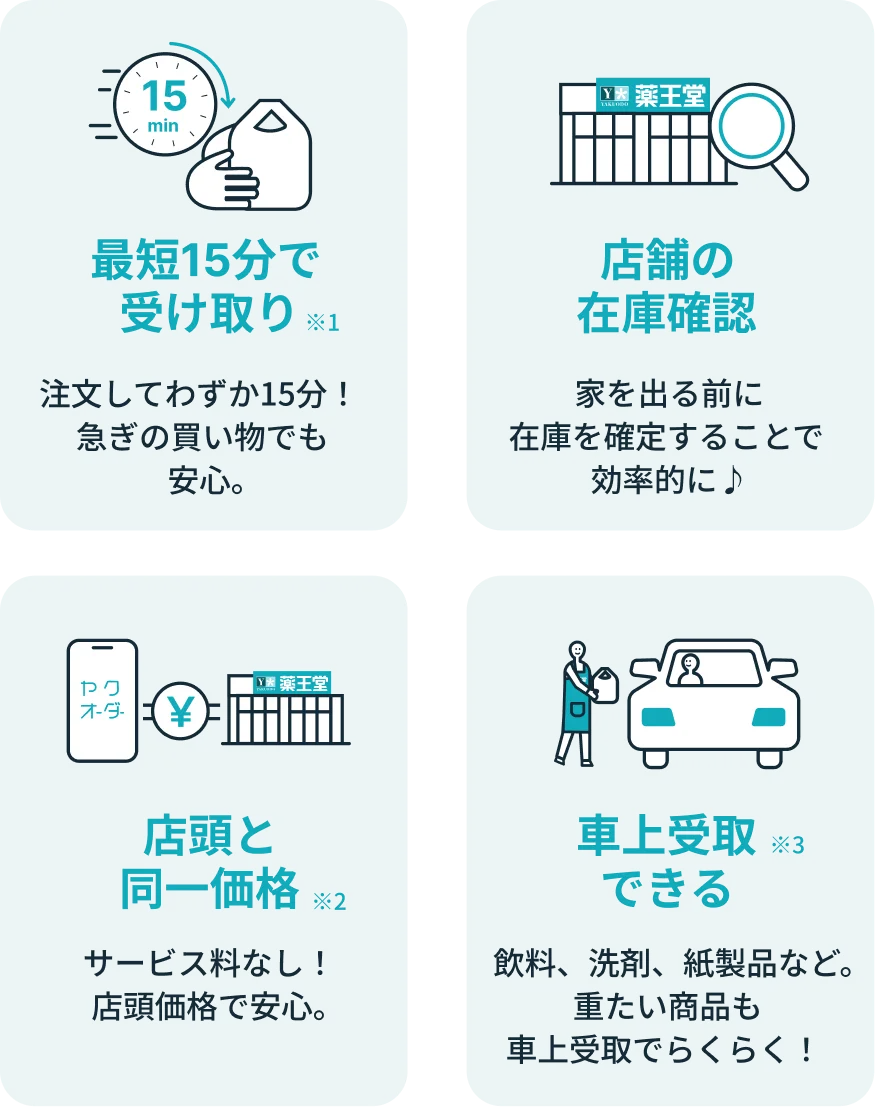 最短15分で受け取り／店舗の在庫確認／店頭と同一価格／車上受取できる